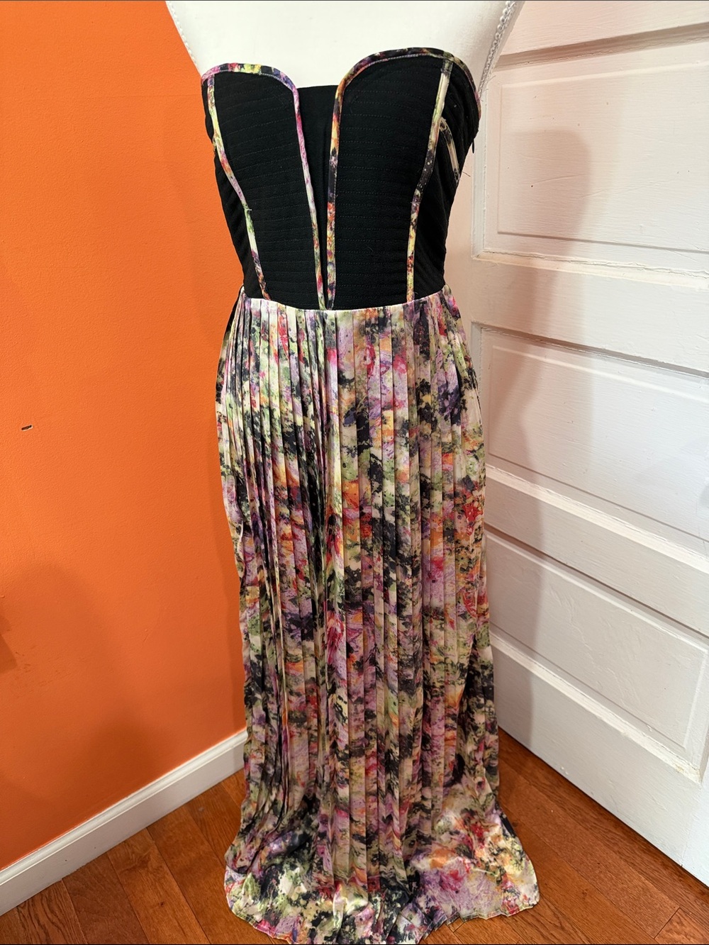 Sabine Black Bustier Maxi Skirt with Multicolor Floral Pleats